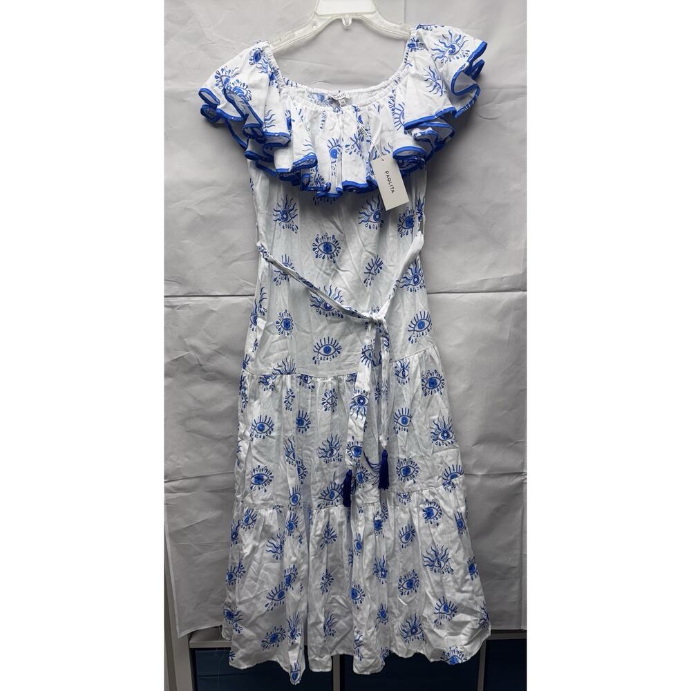 Paolita Dress Kaleidoscope Eyes Bianca Ruffle Off Shoulder Sz XS Blue White NWT